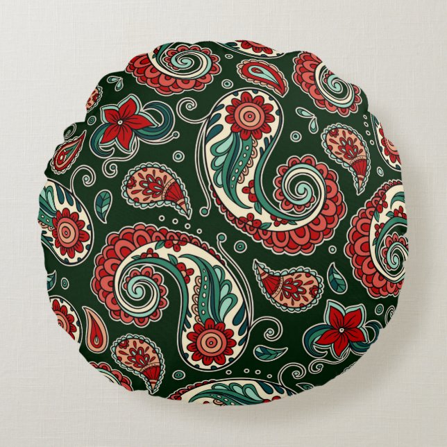 Almohada redonda de paisley rojo y verde (Anverso)