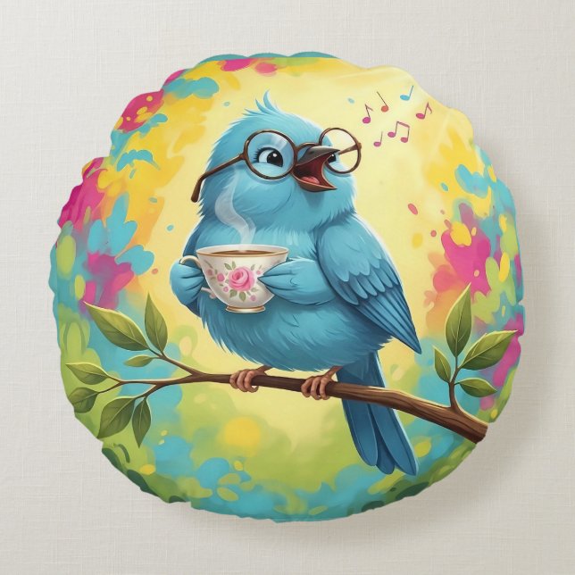 Almohada Redonda de Pájaro Azul Cantando Adorable  (Anverso)