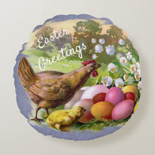 Almohada Redonda de Pascua con Gallinas de Granja  (Anverso)