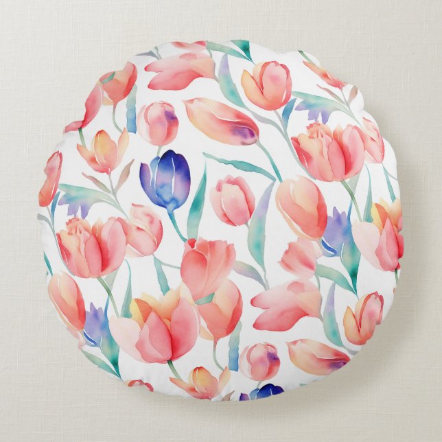Almohada Redonda de Patrón de Tulipanes en Acuarel (Anverso)