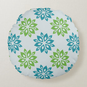 Almohada redonda de patrón floral verde y azul teñ