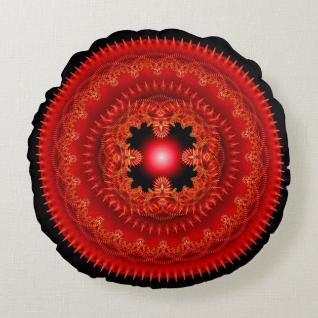 Almohada redonda de patrón ornamentado fractal roj (Anverso)