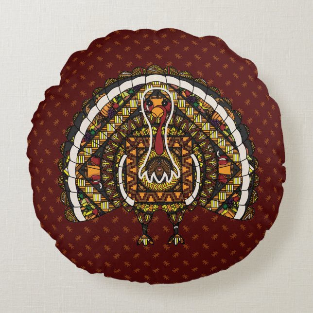 Almohada Redonda de Pavo de Otoño (Anverso)
