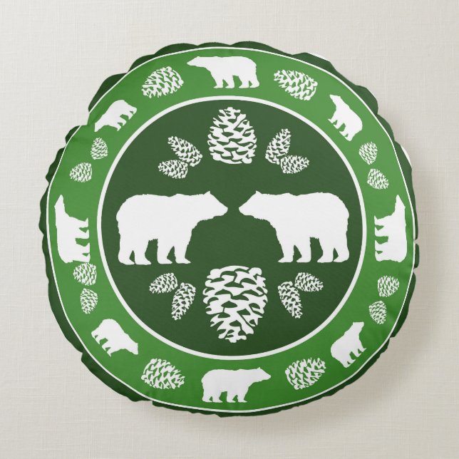 almohada redonda de pino de oso verde rustico (Anverso)