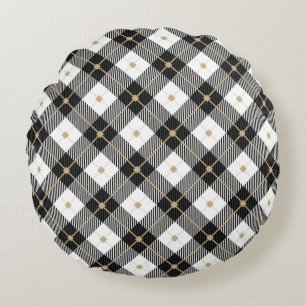 Almohada Redonda de Plaid Negro Blanco y Dorado