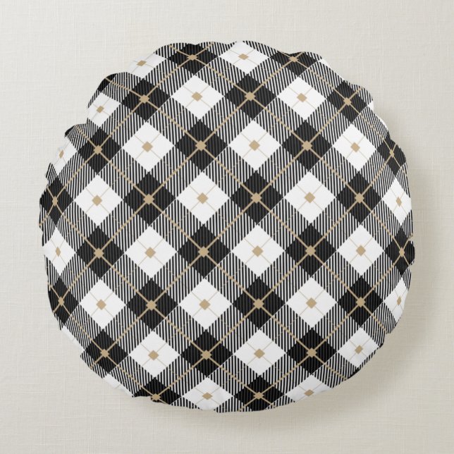 Almohada Redonda de Plaid Negro Blanco y Dorado (Anverso)