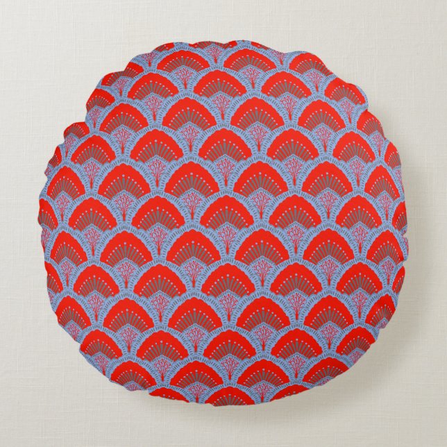 Almohada Redonda de Pluma de Pavo Real Roja | Un A (Anverso)