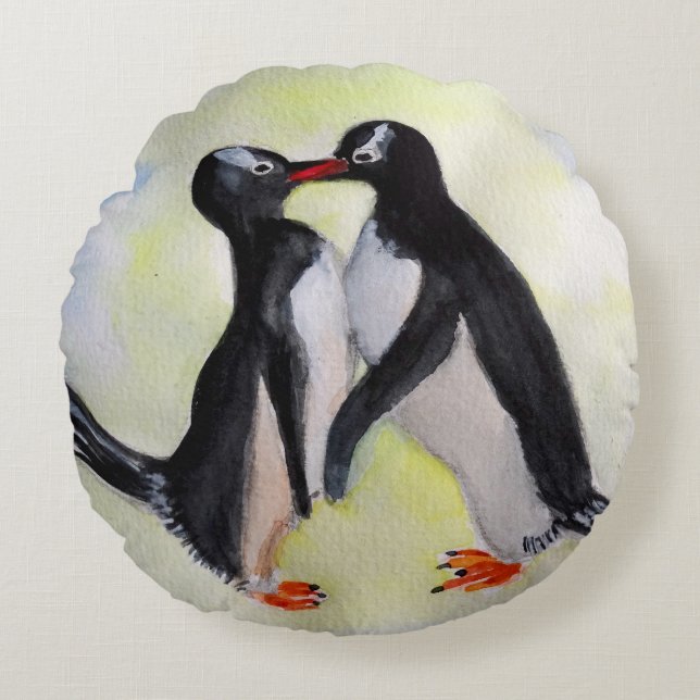 Almohada redonda de poliéster cepillado de pingüin (Anverso)