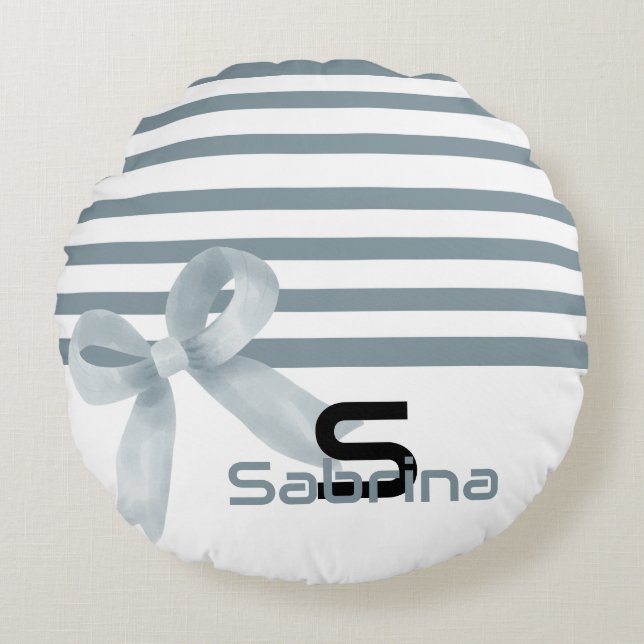 Almohada redonda de rayas con lazo azul de acuarel (Anverso)