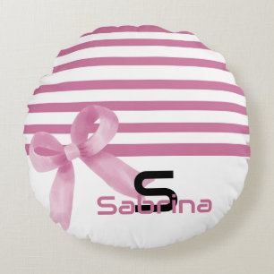Almohada redonda de rayas de lazo rosa acuarela li