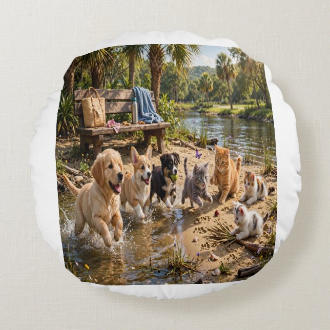 Almohada Redonda de Riverside de Cachorros y Gatit (Anverso)