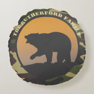 Almohada Redonda de Rugido de Oso y Camuflaje