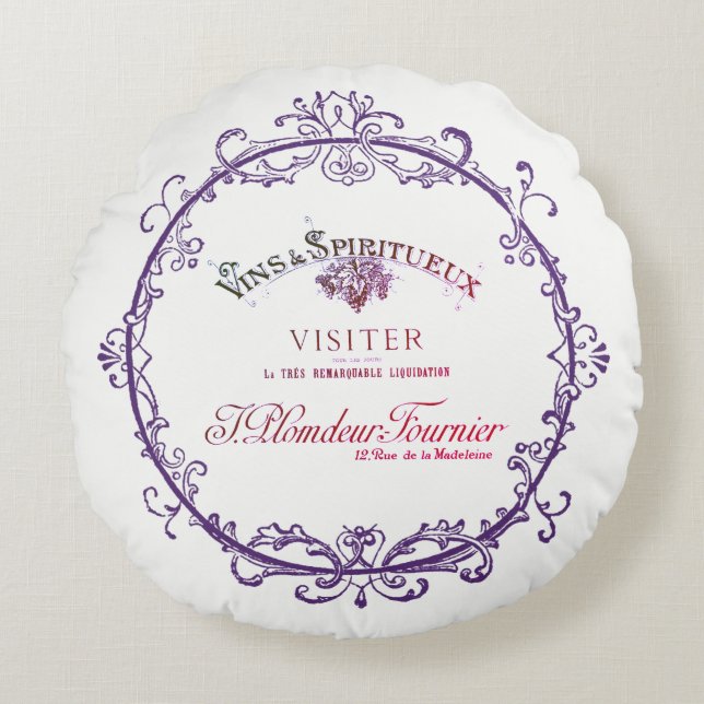 Almohada redonda de sellos de vinos franceses de é (Anverso)