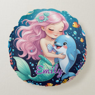 Almohada redonda de sirena y delfín - Nombre perso