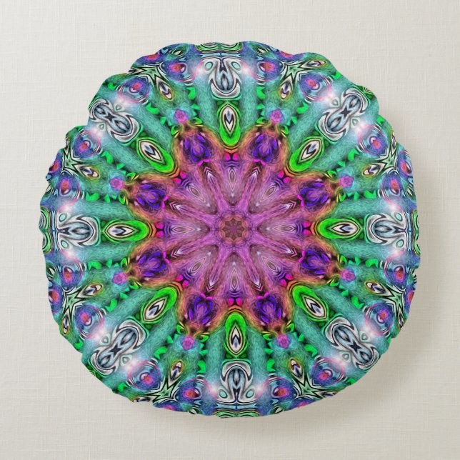 Almohada Redonda de Solsticio Alucinógeno Mandala (Anverso)