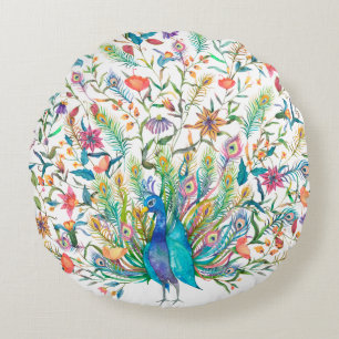 Almohada Redonda de Terciopelo de Pavo Real