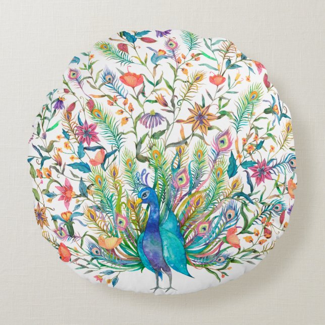 Almohada Redonda de Terciopelo de Pavo Real (Anverso)