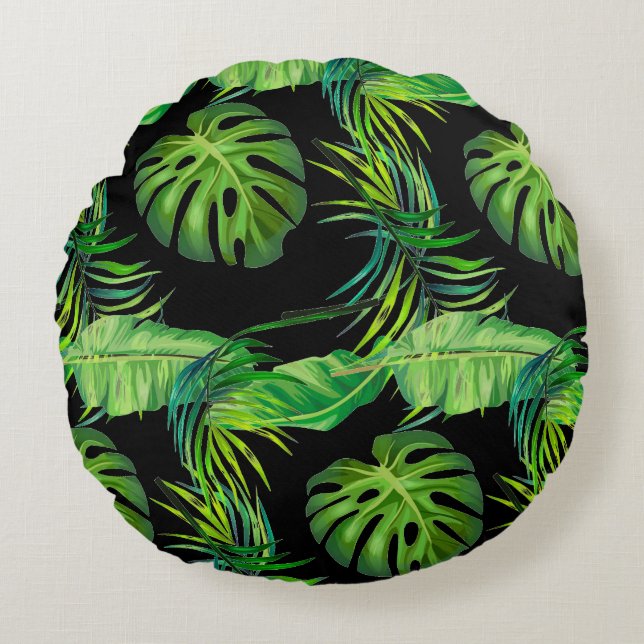 Almohada Redonda de Tirar - Hojas Tropicales (Anverso)