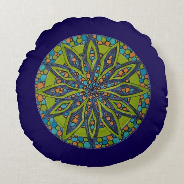 Almohada Redonda de Tirar Mandala Estrella Verde/A (Anverso)