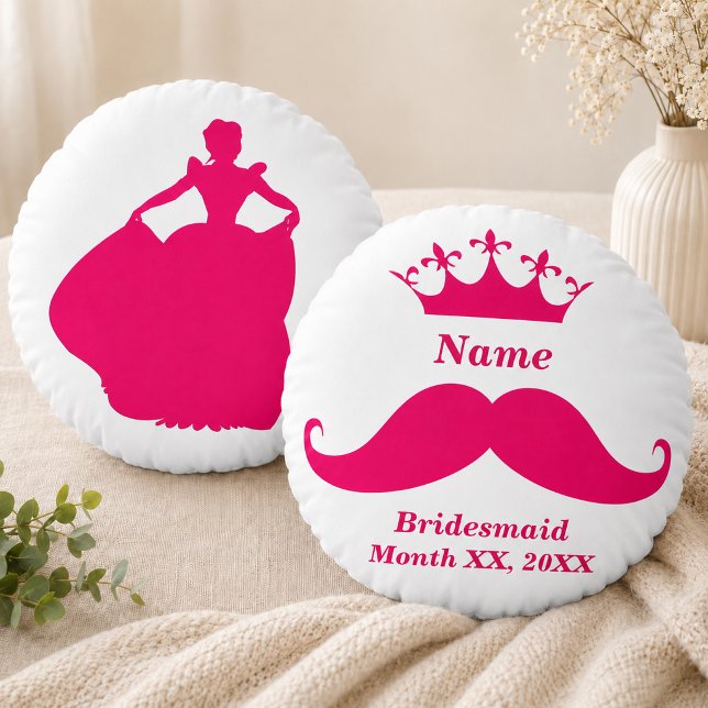 Almohada Redonda de Tirar Rosa de Dama de Honor co (Bridesmaid Pink Mustache Round Throw Pillow)