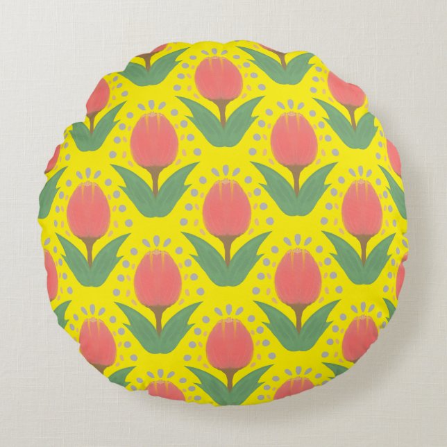 Almohada redonda de tulipanes alegres (Anverso)