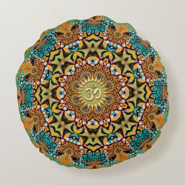Almohada redonda de yoga OM Mandala de Batik Bohem (Reverso)