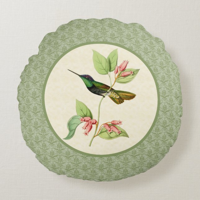 Almohada redonda del damasco magnífico del colibrí (Anverso)