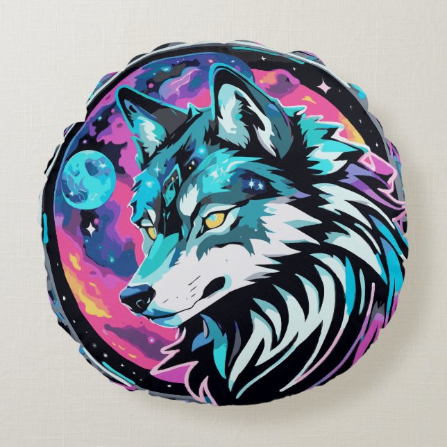Almohada redonda del lobo cósmico místico (Anverso)
