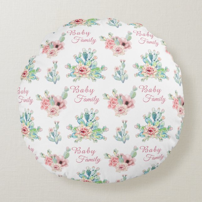 Almohada Redonda Floral de Cactus Personalizada (Anverso)