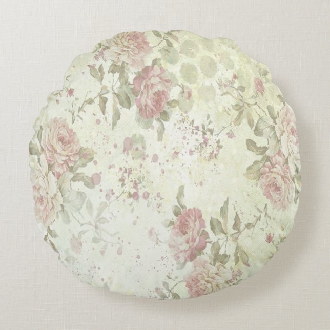 Almohada Redonda Floral Rosa Chic Desgastado (Anverso)