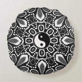 Almohada redonda geométrica blanca negra tribal de
