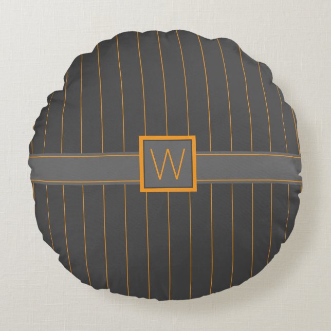 Almohada Redonda Gris con Pinstripes Naranjas (Anverso)