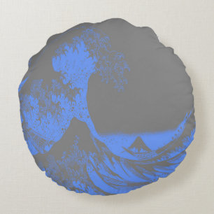 Almohada redonda La gran ola azul y gris