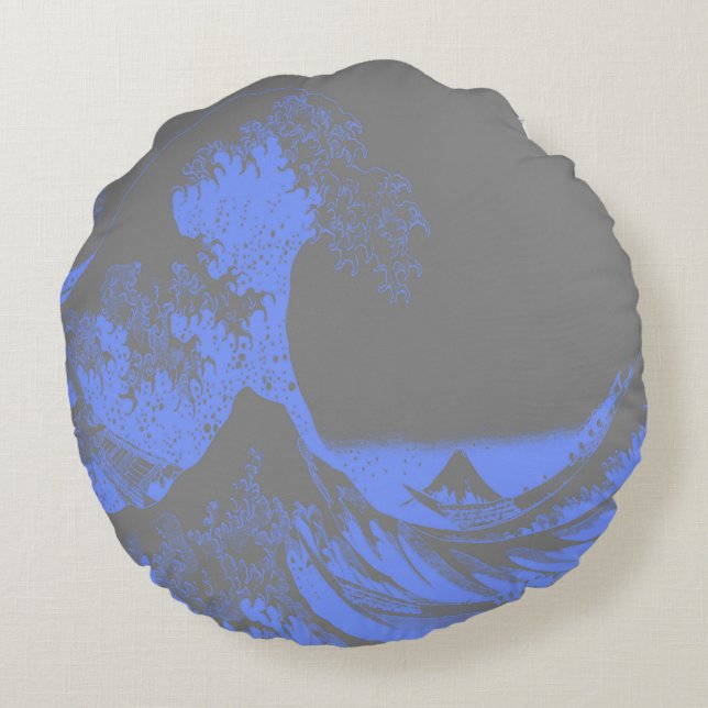 Almohada redonda La gran ola azul y gris (Reverso)
