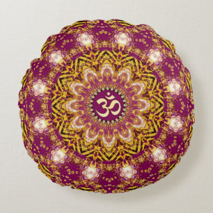 Almohada redonda Magenta Gold Boho Espiritual OM Y