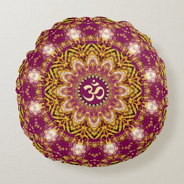 Almohada redonda Magenta Gold Boho Espiritual OM Y (Anverso)