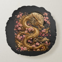 Almohada Redonda Majestuosa del Dragón Dorado con