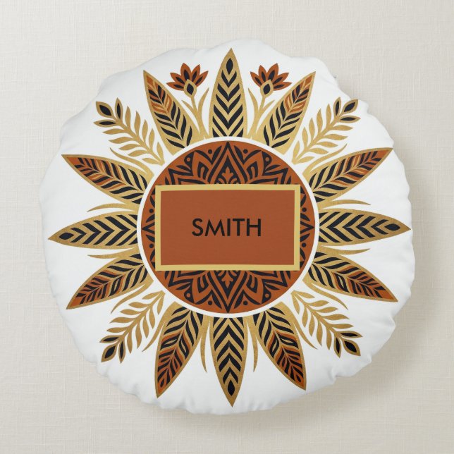 Almohada redonda mandala Afrohemian Sunburst (Reverso)