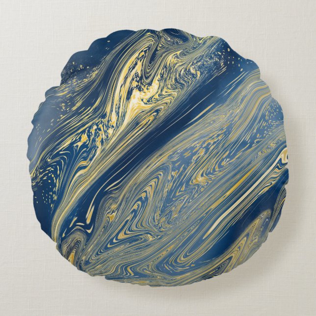 Almohada redonda metálica azul y dorada (Anverso)