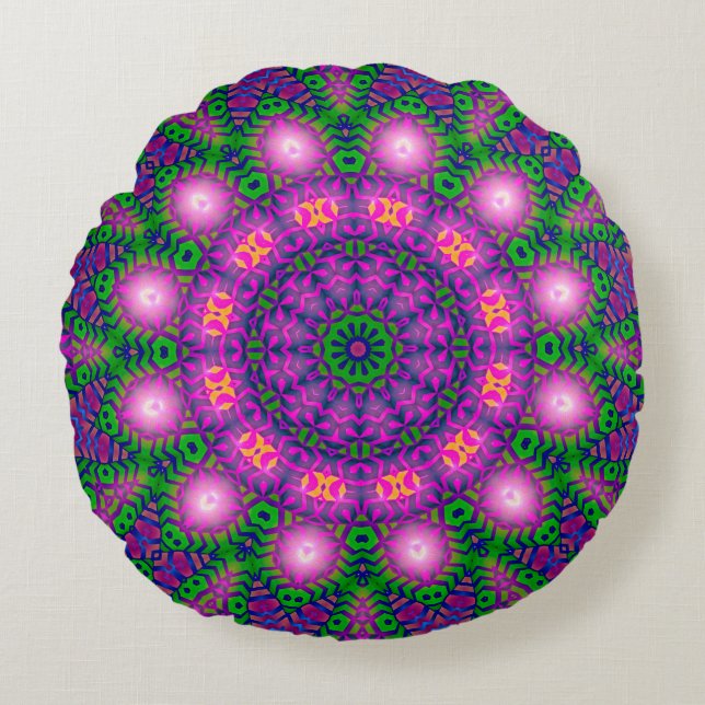 Almohada redonda mística mandala verde púrpura (Anverso)