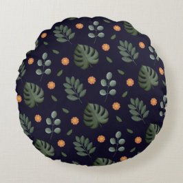 Almohada redonda moderna de hoja botánica azul de 