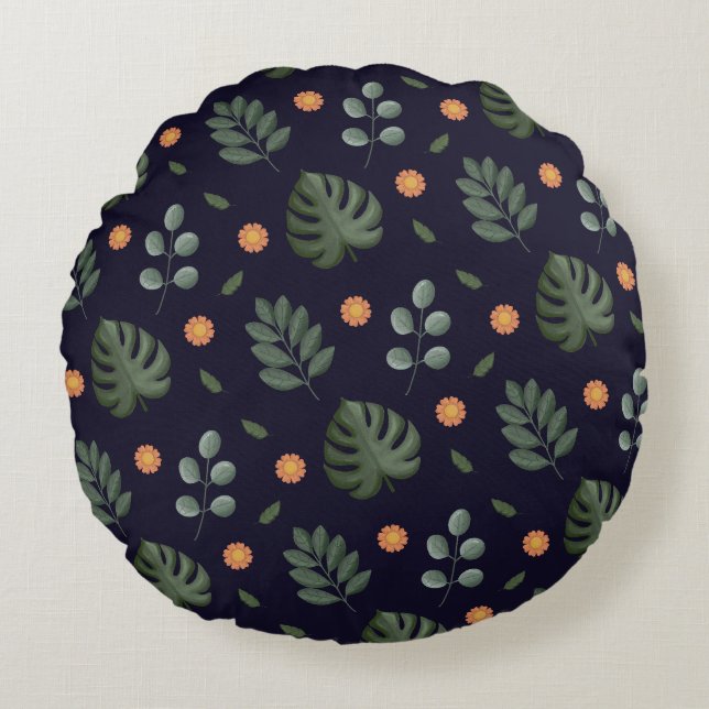Almohada redonda moderna de hoja botánica azul de  (Anverso)