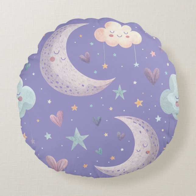 Almohada Redonda Morada de Luna y Nubes (Anverso)