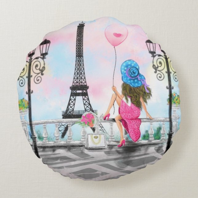 Almohada Redonda Mujer en París con Torre Eiffel (Reverso)