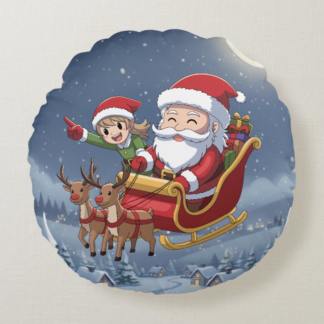 Almohada Redonda Navideña de Santa y Duende Chibi  (Anverso)