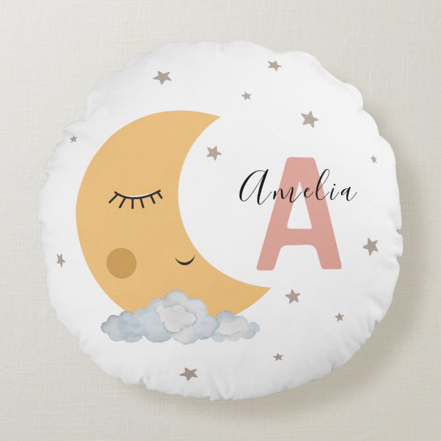 Almohada redonda para nursery de Luna y Nubes Rosa (Anverso)