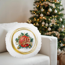 Almohada redonda personalizada Feliz Navidad dorad