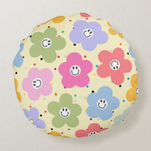 Almohada redonda retro de flores sonrientes pastel