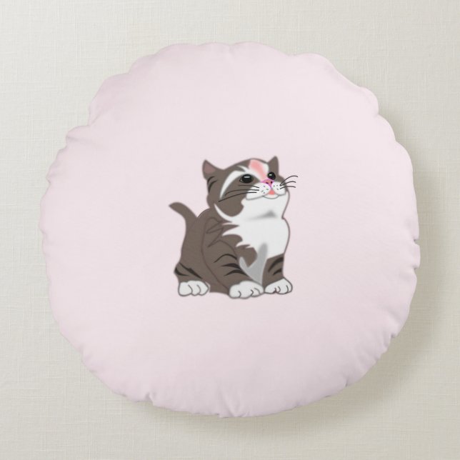 Almohada Redonda Rosa con Gatito (Anverso)