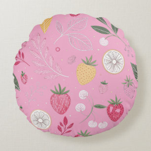 Almohada redonda rosa de fresa y floral
